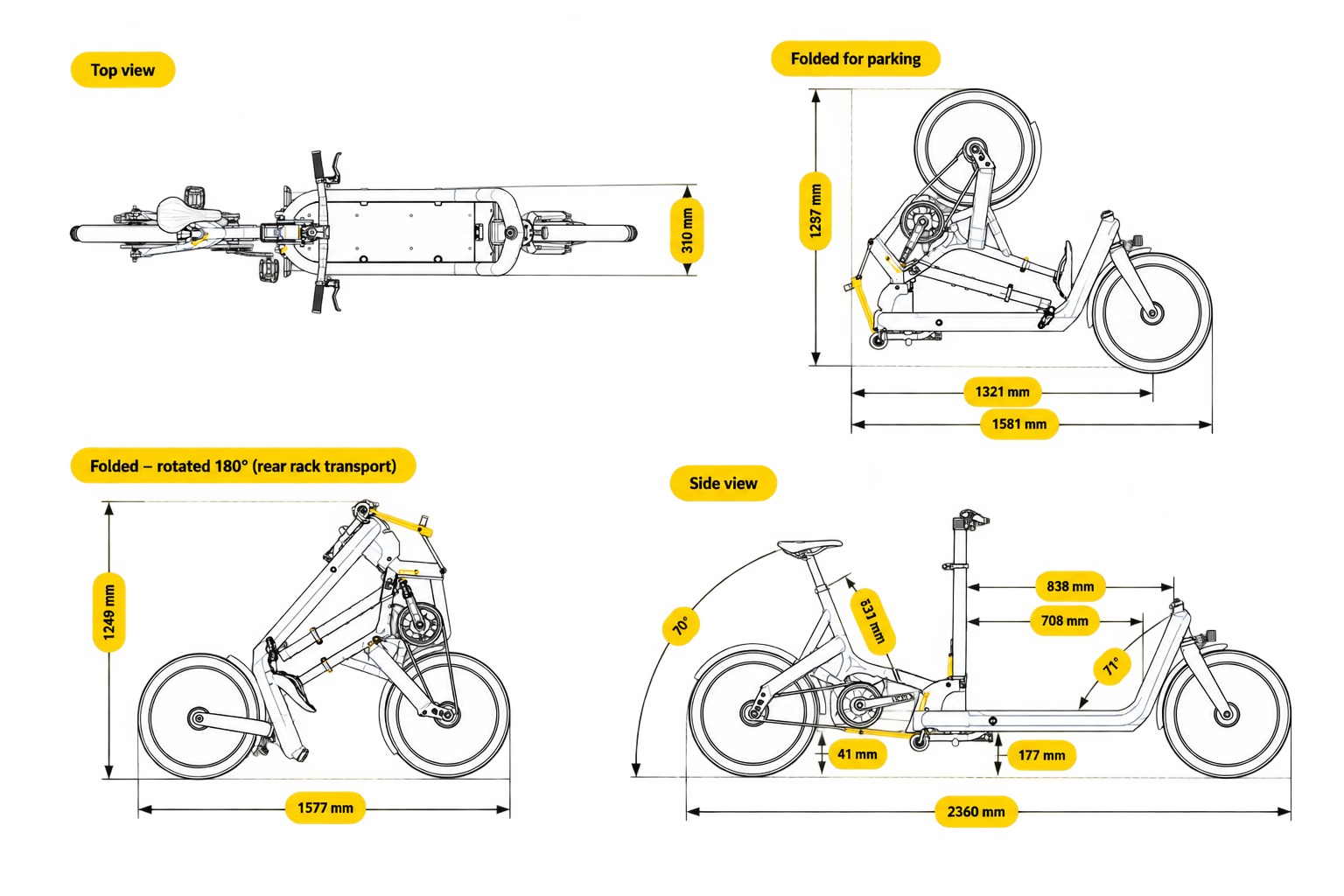 Side view, top view and folded dimensions of the FOLD cargo bike.