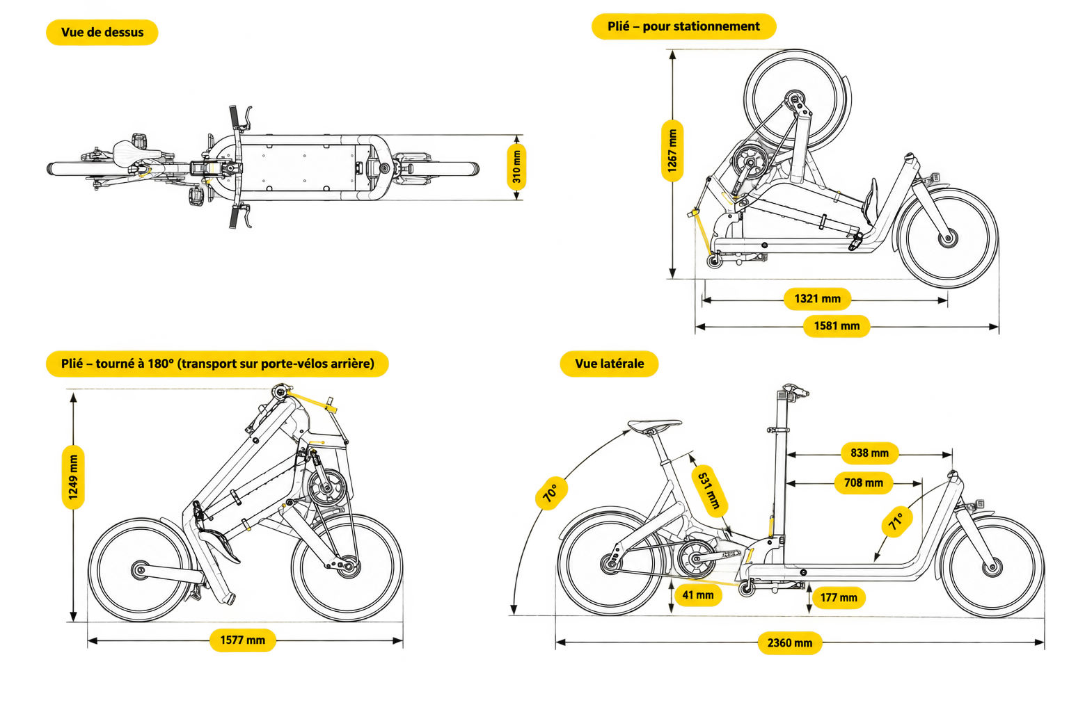 Vue latérale, vue de dessus et dimensions pliées du vélo cargo FOLD.