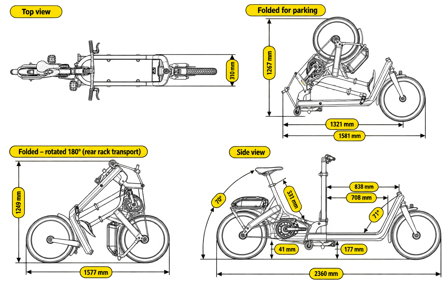 Side view, top view and folded dimensions of the FOLD cargo bike.
