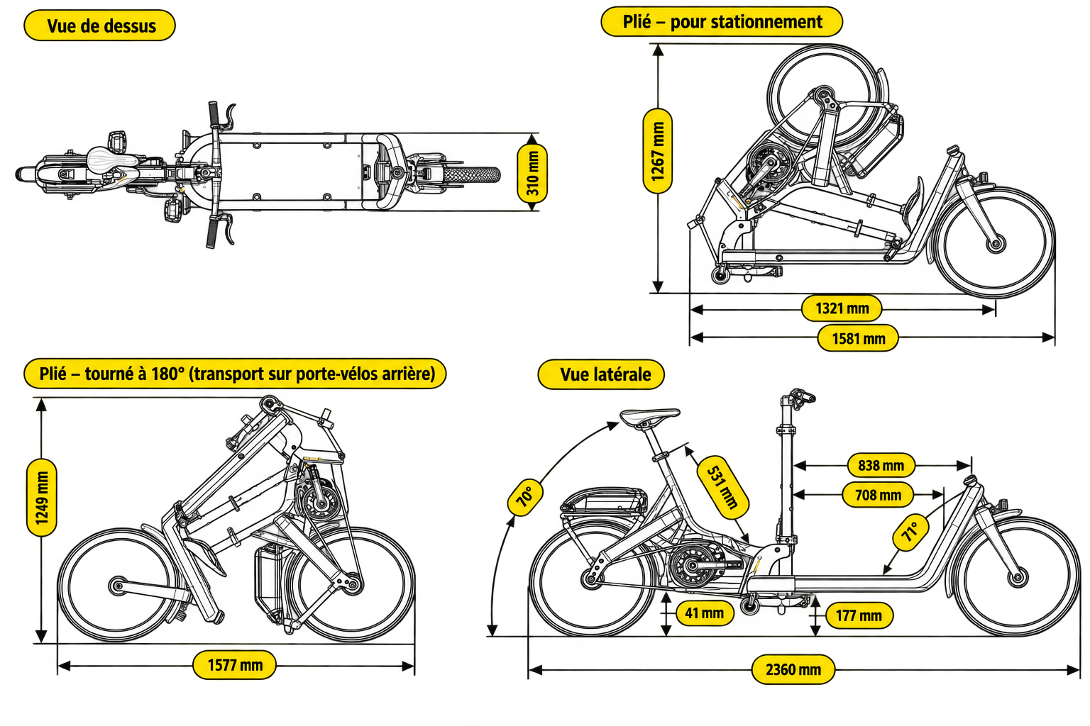Vue latérale, vue de dessus et dimensions pliées du vélo cargo FOLD.
